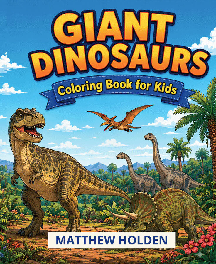 Giant Dinosaur Coloring Book Giant Dinosaurs Coloring Book for Kids by Atelion Studios. cover illustration showing T-Rex, Brachiosaurus, and Triceratops in a prehistoric landscape. Coloring activity book for children ages 7-10.